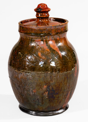 Rare and Fine Greene County, Tennessee Lidded Redware Jar w/ Copper Decoration, c1820-60