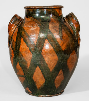 Rare attrib. C.A. Haun Pottery, Greene County, TN Redware Jar w/ Crosshatched Copper Slip