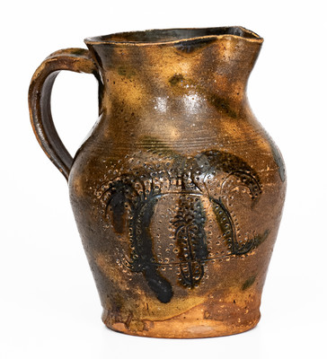 Exceedingly Rare Redware Pitcher w/ Elaborate Copper Slashes and Incised Tree, probably Greene Co, TN