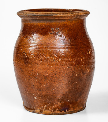 Redware Jar w/ Incised Sine Wave Decoration, Inscribed 