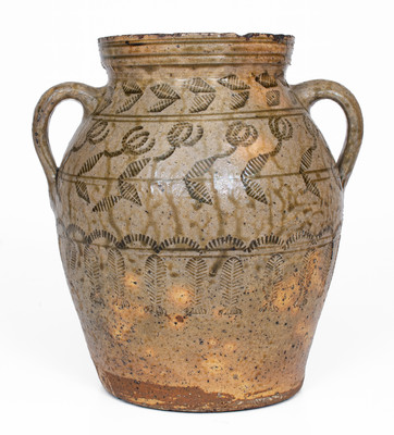 Exceptional Alabama (probably Perry Co) Open-Handled Stoneware Jar w/ Profuse Impressed Decoration