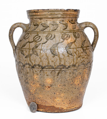 Exceptional Alabama (probably Perry Co) Open-Handled Stoneware Jar w/ Profuse Impressed Decoration