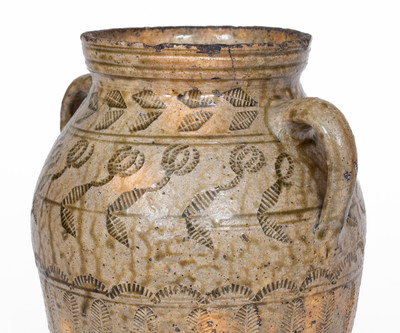 Exceptional Alabama (probably Perry Co) Open-Handled Stoneware Jar w/ Profuse Impressed Decoration