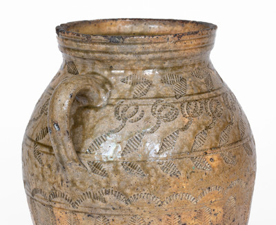 Exceptional Alabama (probably Perry Co) Open-Handled Stoneware Jar w/ Profuse Impressed Decoration