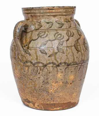 Exceptional Alabama (probably Perry Co) Open-Handled Stoneware Jar w/ Profuse Impressed Decoration