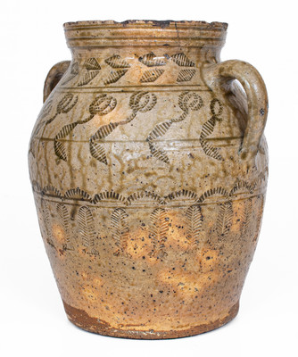 Exceptional Alabama (probably Perry Co) Open-Handled Stoneware Jar w/ Profuse Impressed Decoration
