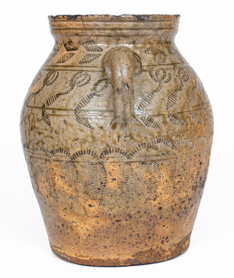 Exceptional Alabama (probably Perry Co) Open-Handled Stoneware Jar w/ Profuse Impressed Decoration