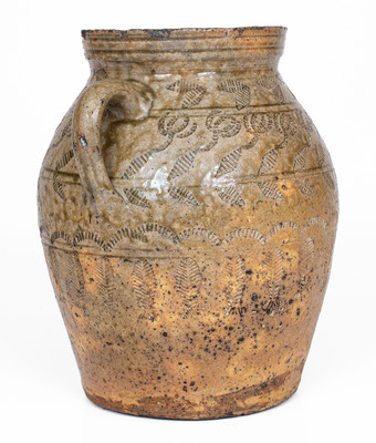 Exceptional Alabama (probably Perry Co) Open-Handled Stoneware Jar w/ Profuse Impressed Decoration