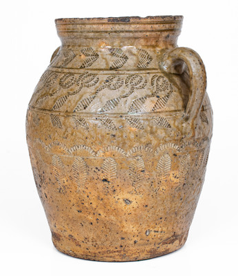 Exceptional Alabama (probably Perry Co) Open-Handled Stoneware Jar w/ Profuse Impressed Decoration