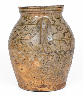 Exceptional Alabama (probably Perry Co) Open-Handled Stoneware Jar w/ Profuse Impressed Decoration