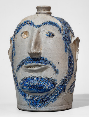 Highly Important Baltimore Stoneware Face Jug w/ Incised Fish and Bird Motifs, attrib. David Parr, Jr, c1835