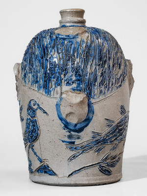 Highly Important Baltimore Stoneware Face Jug w/ Incised Fish and Bird Motifs, attrib. David Parr, Jr, c1835