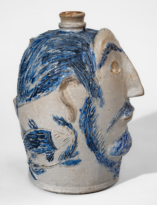Highly Important Baltimore Stoneware Face Jug w/ Incised Fish and Bird Motifs, attrib. David Parr, Jr, c1835