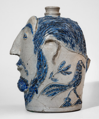 Highly Important Baltimore Stoneware Face Jug w/ Incised Fish and Bird Motifs, attrib. David Parr, Jr, c1835