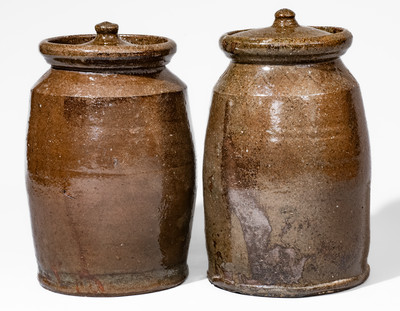 Two Alkaline-Glazed Stoneware Jars w/ Lids, possibly Bland County, Virginia