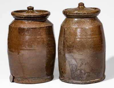 Two Alkaline-Glazed Stoneware Jars w/ Lids, possibly Bland County, Virginia