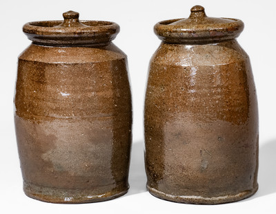 Two Alkaline-Glazed Stoneware Jars w/ Lids, possibly Bland County, Virginia