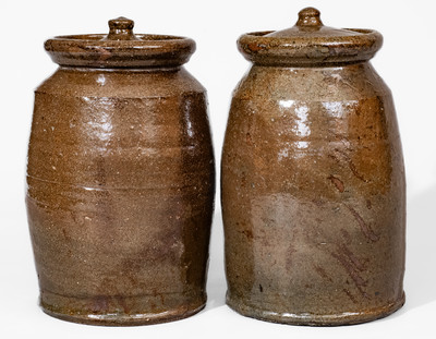 Two Alkaline-Glazed Stoneware Jars w/ Lids, possibly Bland County, Virginia
