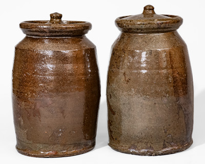 Two Alkaline-Glazed Stoneware Jars w/ Lids, possibly Bland County, Virginia