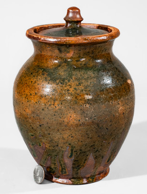 Rare Greene County, Tennessee Lidded Redware Jar w/ Copper Glaze, c1820-60