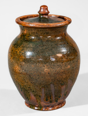 Rare Greene County, Tennessee Lidded Redware Jar w/ Copper Glaze, c1820-60