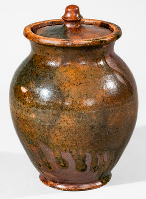 Rare Greene County, Tennessee Lidded Redware Jar w/ Copper Glaze, c1820-60