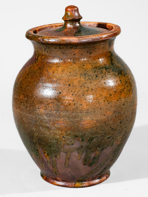 Rare Greene County, Tennessee Lidded Redware Jar w/ Copper Glaze, c1820-60
