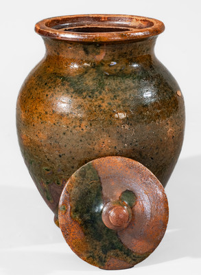 Rare Greene County, Tennessee Lidded Redware Jar w/ Copper Glaze, c1820-60