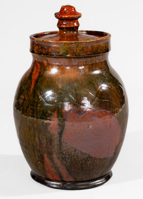 Rare and Fine Greene County, Tennessee Lidded Redware Jar w/ Copper Decoration, c1820-60