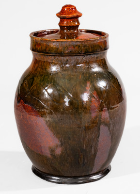 Rare and Fine Greene County, Tennessee Lidded Redware Jar w/ Copper Decoration, c1820-60