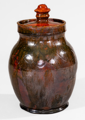 Rare and Fine Greene County, Tennessee Lidded Redware Jar w/ Copper Decoration, c1820-60