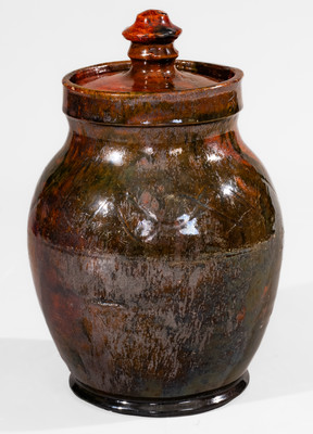 Rare and Fine Greene County, Tennessee Lidded Redware Jar w/ Copper Decoration, c1820-60