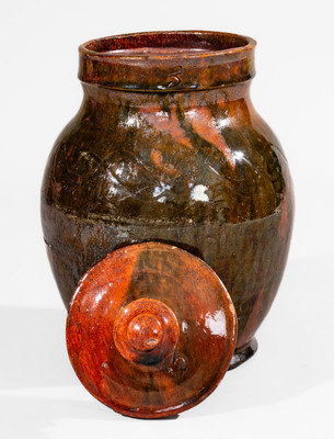 Rare and Fine Greene County, Tennessee Lidded Redware Jar w/ Copper Decoration, c1820-60