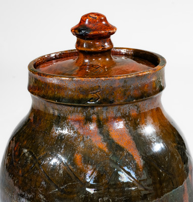 Rare and Fine Greene County, Tennessee Lidded Redware Jar w/ Copper Decoration, c1820-60