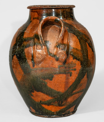 Rare attrib. C.A. Haun Pottery, Greene County, TN Redware Jar w/ Crosshatched Copper Slip