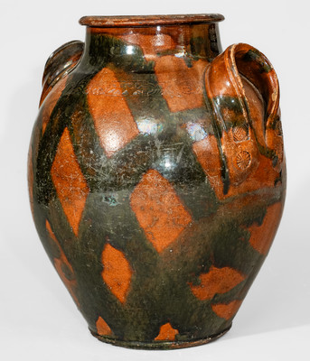 Rare attrib. C.A. Haun Pottery, Greene County, TN Redware Jar w/ Crosshatched Copper Slip