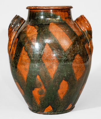 Rare attrib. C.A. Haun Pottery, Greene County, TN Redware Jar w/ Crosshatched Copper Slip