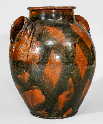 Rare attrib. C.A. Haun Pottery, Greene County, TN Redware Jar w/ Crosshatched Copper Slip