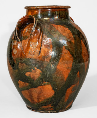 Rare attrib. C.A. Haun Pottery, Greene County, TN Redware Jar w/ Crosshatched Copper Slip