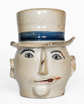 Extremely Rare Cobalt-Decorated Stoneware Face Gate Post Ornament, Midwestern or Southern origin