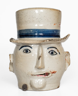 Extremely Rare Cobalt-Decorated Stoneware Face Gate Post Ornament, Midwestern or Southern origin