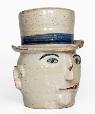 Extremely Rare Cobalt-Decorated Stoneware Face Gate Post Ornament, Midwestern or Southern origin