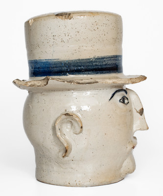 Extremely Rare Cobalt-Decorated Stoneware Face Gate Post Ornament, Midwestern or Southern origin