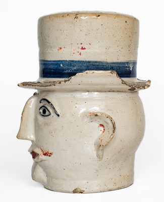 Extremely Rare Cobalt-Decorated Stoneware Face Gate Post Ornament, Midwestern or Southern origin