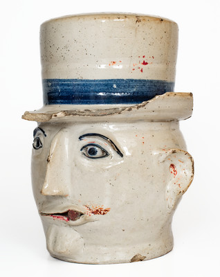 Extremely Rare Cobalt-Decorated Stoneware Face Gate Post Ornament, Midwestern or Southern origin