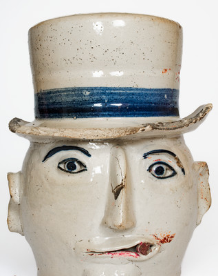 Extremely Rare Cobalt-Decorated Stoneware Face Gate Post Ornament, Midwestern or Southern origin