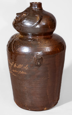 Exceptional Rock Mills, Alabama Large-Sized Stoneware Torso Jug w/ Elaborate Inscription, July 31, 1866