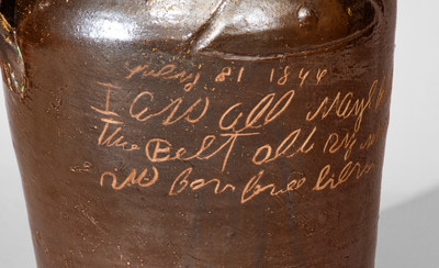 Exceptional Rock Mills, Alabama Large-Sized Stoneware Torso Jug w/ Elaborate Inscription, July 31, 1866