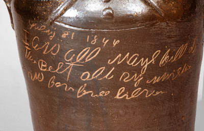 Exceptional Rock Mills, Alabama Large-Sized Stoneware Torso Jug w/ Elaborate Inscription, July 31, 1866