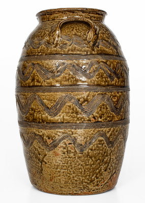 Exceptional attrib. Jacob Eichelberger, Talladega Co, AL Stoneware Jar w/ Profuse Incised Decoration
